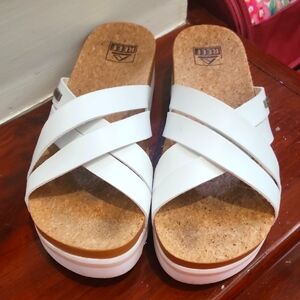 Reef White Mules with Cork Footbed Platform Open Toe Sandals, sz 9